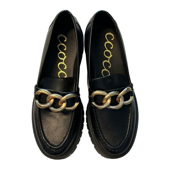 CCOCCI Women’s 9 Sutton Loafers Black Chunky Gold Chain‎ Accent Lug Academia - Picture 4 of 11